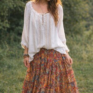 Peasant blouse, raw edges distressed with lace trim, mother of pearl buttons